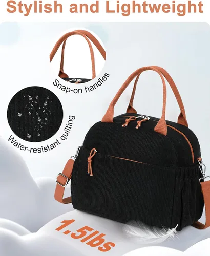Vista 6 de Bluboon Bolsa de almuerzo para mujer, bonita bolsa de almuerzo de pana con correa para el hombro, reutilizable, aislada, gran capacidad