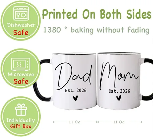 Vista 4 de EST 2026 - Juego de tazas de anuncio de embarazo para mamá y papá, regalos para padres primerizos, regalos de cumpleaños para madre primeriza y papá