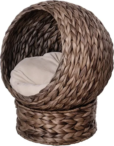 Vista 11 de PawHut Cama elevada tejida a mano para gatos con cojín suave y forma de silla de huevo, cama de cesta con soporte, casa de mimbre elevada para gatos