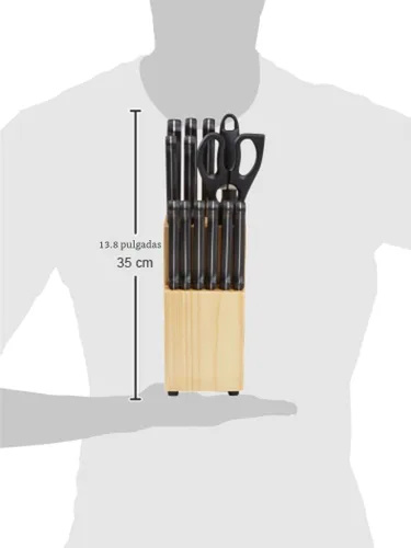 Vista 6 de Amazon BasicsJuego de cuchillos de cocina de 14 piezas, cuchillas de acero inoxidable de alto carbono con bloqueo de madera de pino, negro