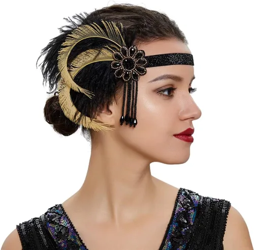 Vista 20 de Roaring 20s Great Gatsby - Diadema estilo flapper para mujer, estilo Art Deco de los años 20, con plumas A azul