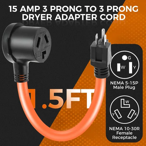 Vista 2 de Cable adaptador de secadora NEMA 5-15P a 10-30R, 1.5 pies
