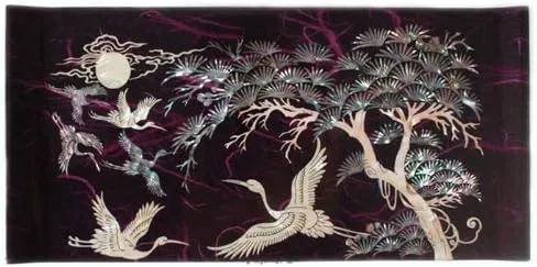 Vista 4 de Madre de Pearl grúa y Pino en diseño de papel de morera Violeta Espejo de Joyería Abalorio De Madera Recuerdo Caja de laca de Asia Tesoro Regalo