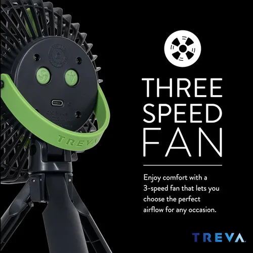 Vista 5 de Treva Ventilador de trípode de 5 pulgadas con luz incorporada y soporte de teléfono adjuntable, mini ventilador recargable de 3 velocidades