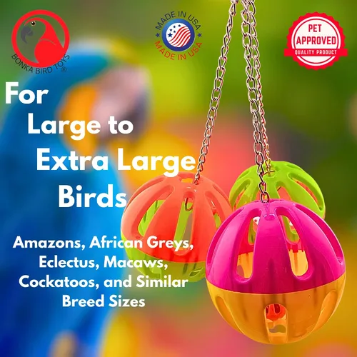 Vista 7 de Bonka Bird Toys 1479 Enorme plástico de tres bolas de 14 x 9 pulgadas, juguete colgante para guacamayos, cacatúas, grises africanos, hecho