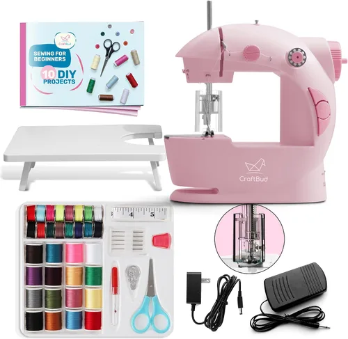Vista 11 de CraftBud Mini máquina de coser para principiantes, máquina de coser portátil de doble velocidad para niños y adultos con mesa de extensión, juego