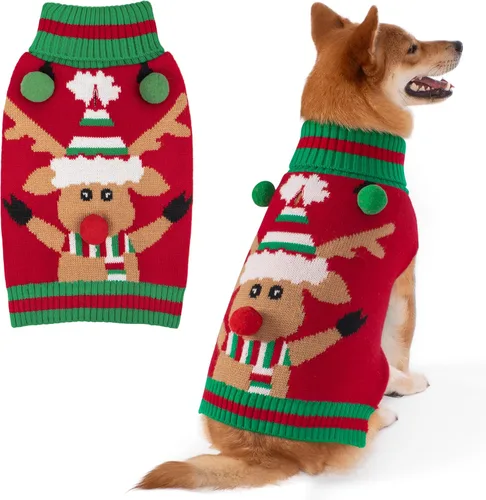 Vista 14 de KYEESE Suéter de Navidad para Perro, Suéter Cálido de Cuello de Tortuga para Perros Pequeños Macho y Hembra con Patrón de Copo de Nieve y Reno, Ropa