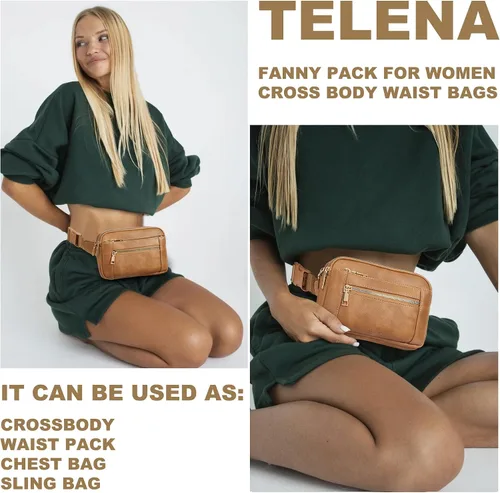 Vista 2 de Telena Riñoneras para Mujer Bolsa de Cintura de Cuero Bolsa Cruzada de Moda con Correa Ajustable, Talla única