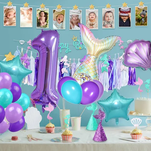 Vista 3 de Decoraciones de cumpleaños de sirena, kit de globos de cola de sirena, decoración de fiesta para niñas de 1 año (Número 1)