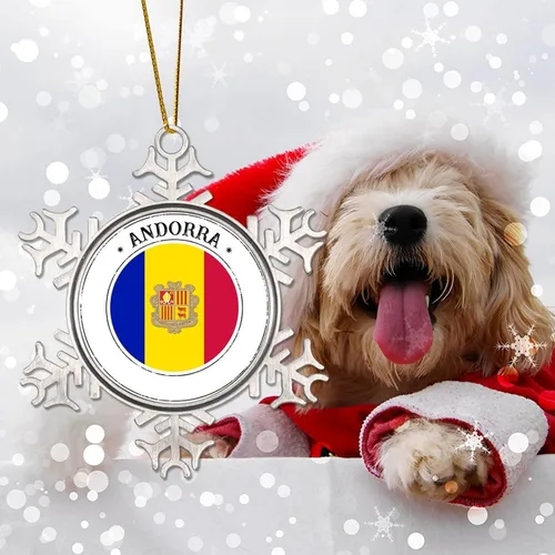 Vista 7 de Adornos de Navidad de Andorra, bandera nacional de Andorra, suministros de fiesta de Navidad, recuerdo de la ciudad, copo de nieve de metal, adorno