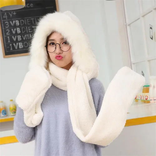Vista 4 de Winter Warm Women Siamese Sudadera con Capucha Guantes con Bolsillo para las orejas, Bufanda Larga Chal
