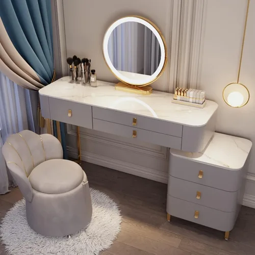 Vista 10 de Tocador, tocador de maquillaje con taburete acolchado, tocador con espejo iluminado LED y mesa auxiliar, mesa de maquillaje con 3 cajones