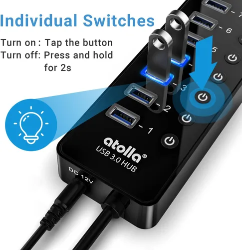 Vista 2 de Hub USB 3.0 de alimentación, divisor USB atolla de 16 puertos con adaptador de corriente de 12 V/6 A e interruptores individuales, transferencia