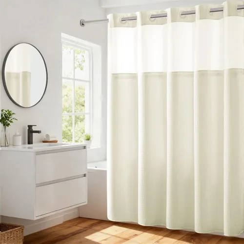 Vista 24 de Cortina de baño River Dream de gran peso sin ganchos necesarios con diseño de gofre punteado y forro a presión - 36W x 74H, de calidad hotelera