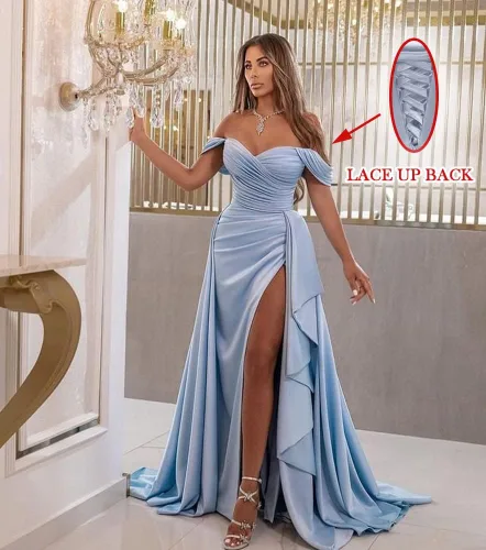 Vista 2 de Vestidos de graduación con hombros descubiertos, vestido de fiesta fruncido, vestido de sirena con abertura formal, vestidos de noche para mujer