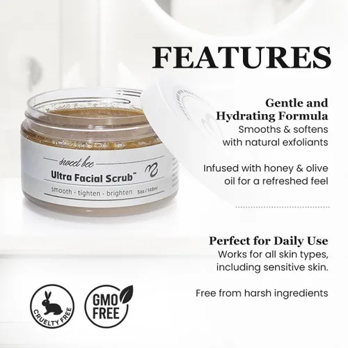 Vista 6 de Sweet Bee Naturals Exfoliante facial ultrafacial: exfoliante facial hidratante y limpiador diario suave para pieles sensibles, exfoliante de azúcar