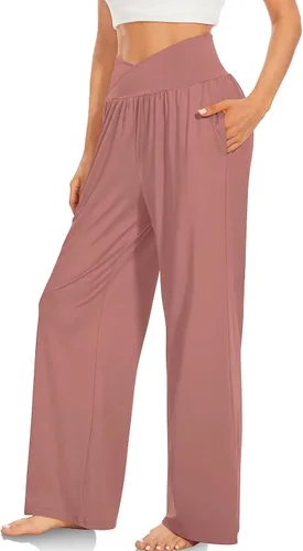 Vista 6 de SMIDOW Pantalones de yoga de pierna ancha para mujer con bolsillos, casuales, holgados, de cintura alta, pantalones de entrenamiento cómodos