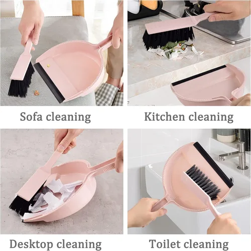 Vista 4 de Juego de mini escoba pequeña y recogedor rosa para el hogar, cocina, oficina, coche