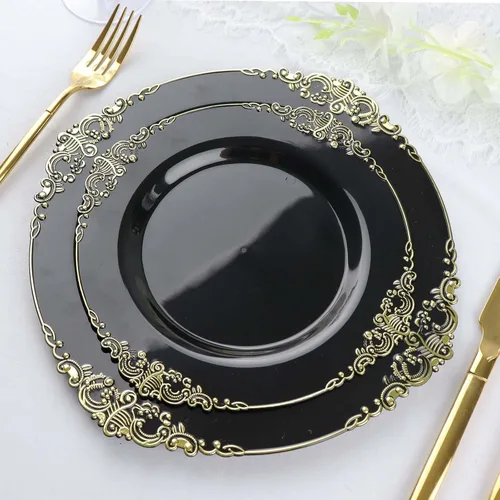 Vista 8 de Efavormart - Paquete de 10 platos de postre barrocos negros y dorados de 8 pulgadas, platos de aperitivo resistentes con borde metálico en relieve