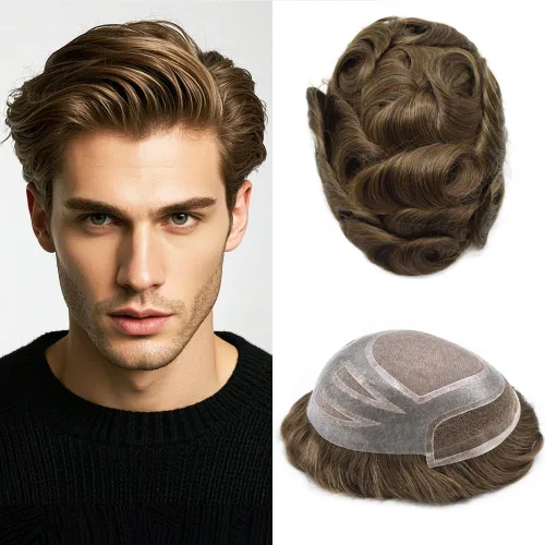 Vista 30 de Toupee - Piezas de pelo para hombres, cabello humano real, sistema de reemplazo de cabello francés, encaje francés, extensiones de cabello