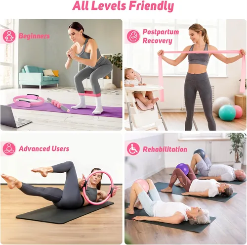 Vista 7 de Asten Home Kit de Pilates para Mujeres: Equipo de Pilates Juego de Anillo y Bola de Pilates con Bandas de Resistencia, Deslizador de Núcleo, Rodillo