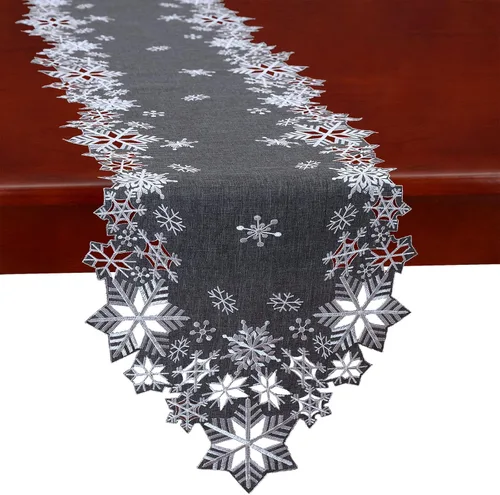 Vista 6 de Caminos de mesa bordados de copos de nieve grises para Navidad e invierno (gris, 14 x 69 pulgadas)