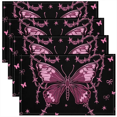 Vista 17 de Juego de 4 manteles individuales con diseño de mariposas y animales voladores de noche de ensueño de 12 x 18 pulgadas para mesa de cocina, tapetes