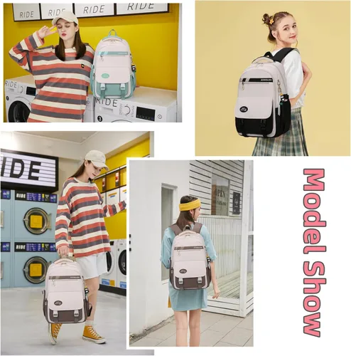 Vista 3 de Mildame Mochila estética para adolescentes, mochila clásica ligera para niños, bolsas casuales con bonito colgante, Morado claro y blanco
