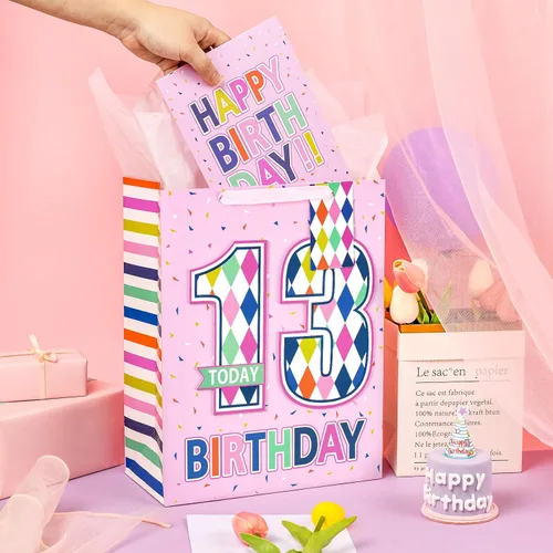 Vista 3 de Loveinside Bolsa de regalo de cumpleaños rosa con papel de seda, etiqueta de regalo y tarjeta de felicitación para niñas, fiestas y más, 10 x 5 x 13