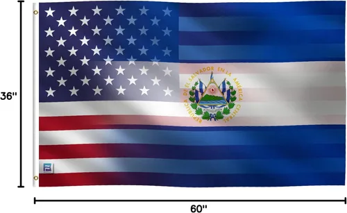 Vista 8 de Bandera híbrida salvadoreña estadounidense de 3 x 5 pies: pancarta 100% poliéster, ojales de latón y cabecera de lona fuerte, para uso en exteriores