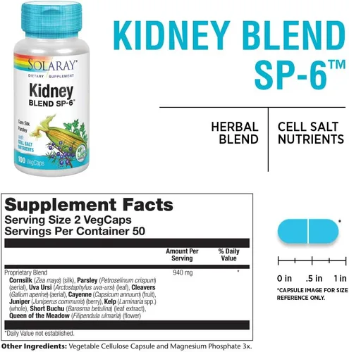 Vista 3 de Solaray Kidney Blend SP-6 Mezcla de hierbas con nutrientes de sal celular para ayudar a apoyar la función renal saludable Sin OMG, vegano