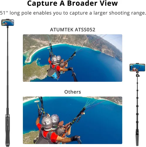 Vista 7 de ATUMTEK Trípode para selfie stick de 51 pulgadas, soporte extensible todo en uno con control remoto Bluetooth, rotación de 360° para iPhone y Negro