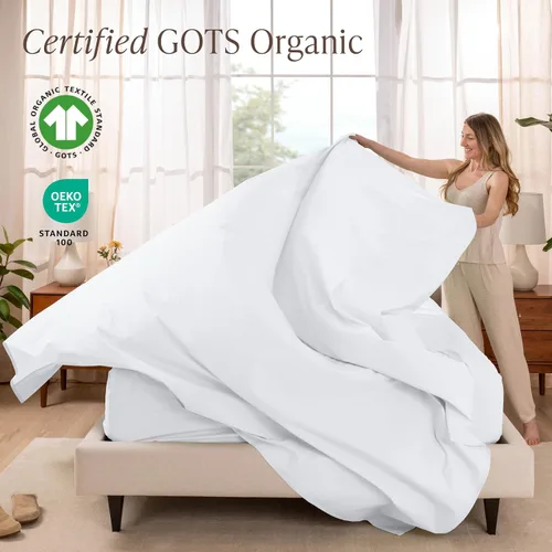 Vista 2 de Bare Home Juego de sábanas y fundas de almohada de 100 % algodón orgánico para cama individual, tejido percal vigoroso, ligero y transpirable