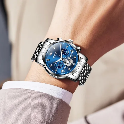 Vista 8 de OLEVS Reloj cronógrafo de acero inoxidable para hombre, reloj de cuarzo analógico de muñeca grande, resistente al agua, con números romanos