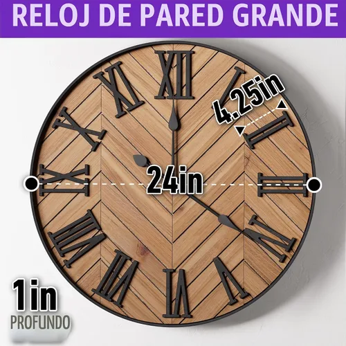 Vista 6 de Reloj de pared grande de 24 pulgadas, redondo, metal silencioso y madera