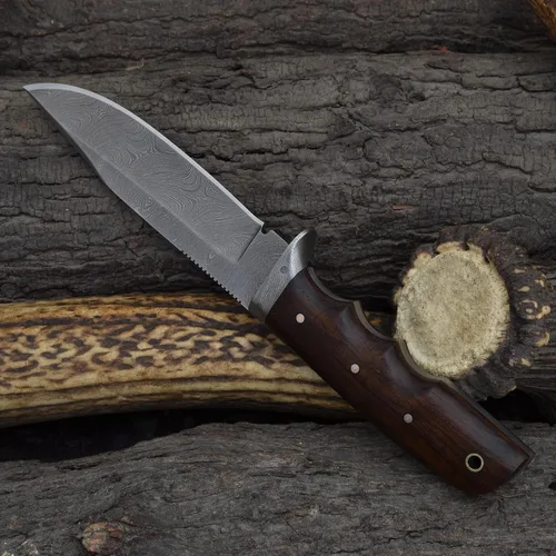 Vista 9 de Knives Ranch Cuchillo de Caza Artesanal de 9-1/2"- Cuchillo de Bushcraft y Campamento de Acero Damasco con Espiga Completa- Mango de Palisandro