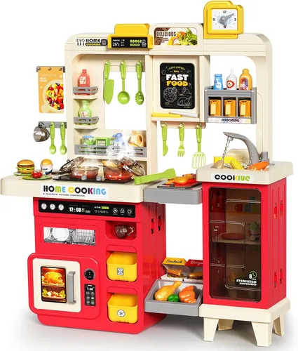 Vista 7 de Pupu Pig Juego de cocina para niños, cocina de juego con estufa de juguete, parrilla, fregadero, comida de juguete, accesorios de cocina, juego