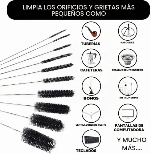 Vista 4 de Juego de cepillos de limpieza de tubos de 10 pulgadas, paquete de 5 cepillos pequeños de nailon extra largos con asas flexibles para botellas Negro