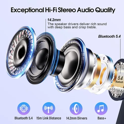 Vista 3 de Auriculares inalámbricos, auriculares Bluetooth 5.4 con pantalla táctil multifunción de 5 modos EQ, auriculares de 48H con graves estéreo y ANC