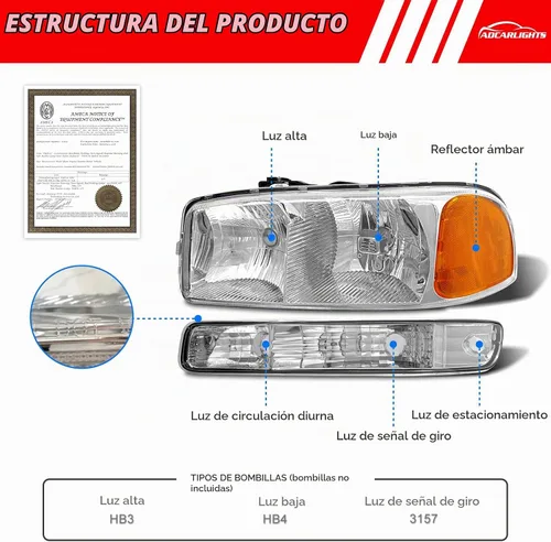 Vista 4 de Faro halógeno GMC Sierra y GMC Yukon 1999-2006