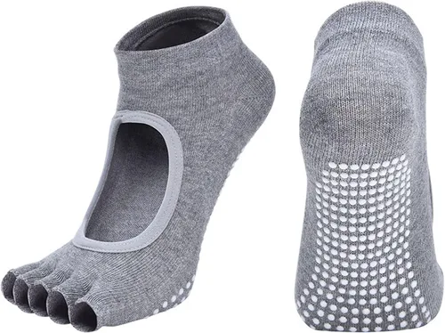 Vista 7 de Calcetines de yoga sin dedos para mujer, calcetines de pilates con agarres, de algodón, antideslizantes, con puntera abierta, para pilates, barra