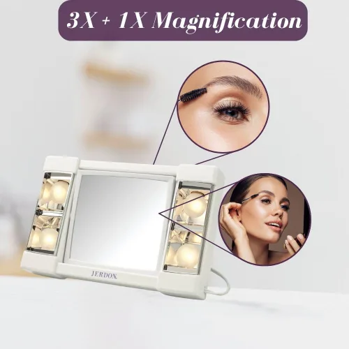 Vista 4 de JERDON Espejo de maquillaje de dos caras con luces, espejo de tocador con aumento 3X e iluminación sin deslumbramiento, base blanca, modelo J1010