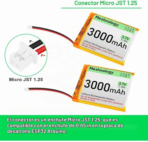 Vista 3 de Batería LiPo de 3.7 V 3000 mAh recargable 1S 755060 Batería de polímero de litio con placa de protección cinta de goma aislada, enchufe micro JST