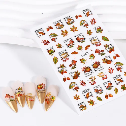 Vista 4 de Calcomanías de arte de uñas de hoja de arce de otoño, hojas de otoño 3D, diseño de calabaza y hongos para uñas, decoración de calcomanías