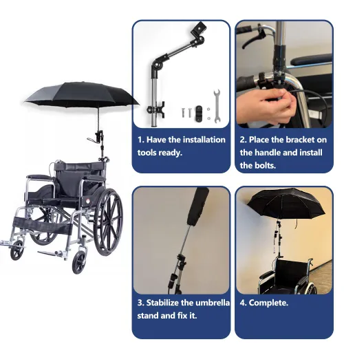 Vista 6 de Paraguas para silla de ruedas con soporte, sombrilla ajustable y cubierta de lluvia ligera para sillas de ruedas manuales y eléctricas