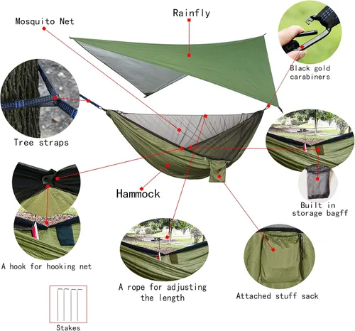 Vista 4 de Juego de hamaca de paracaídas portátil de nailon doble de alta resistencia, hamaca de campamento con lona para moscas de lluvia y mosquitera