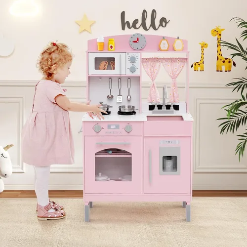 Vista 9 de Costzon Juego de Cocina para Niños, Juguetón de Madera de Pequeño Chef con 3 Alturas Ajustables, Barra de Toallas, Cortinas, Microondas, Estufas