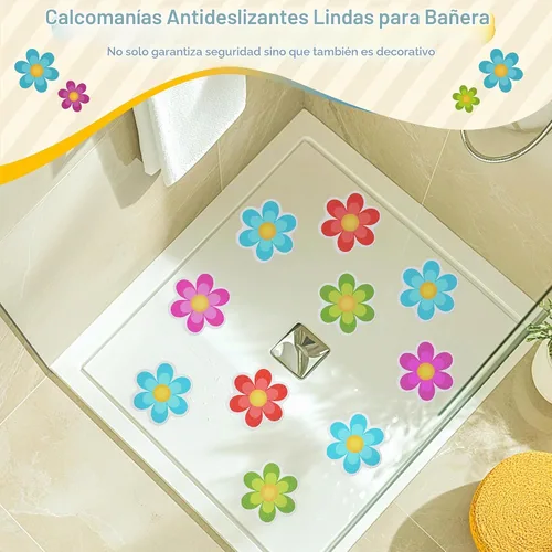 Vista 2 de Secopad 10 calcomanías antideslizantes para bañera de flores con raspador, multicolor