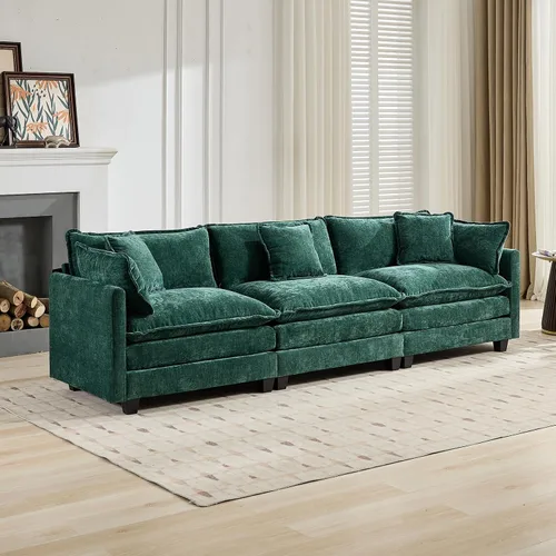 Vista 194 de Sofá seccional modular verde de 111.5", sofás seccionales grandes de 3 plazas para sala de estar, sofá nube oversized de tela chenille con otomana