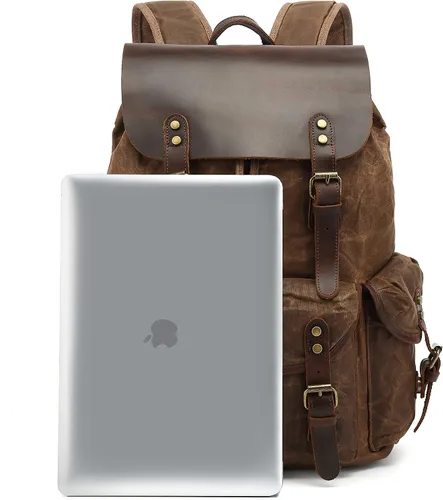 Vista 4 de Mochila de cuero genuino encerado de lona Lmagice para viajes, rústica para portátil en verde ejército Verde militar